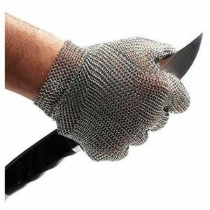 stainless-steel-filet glove holding a knives blade in the fist